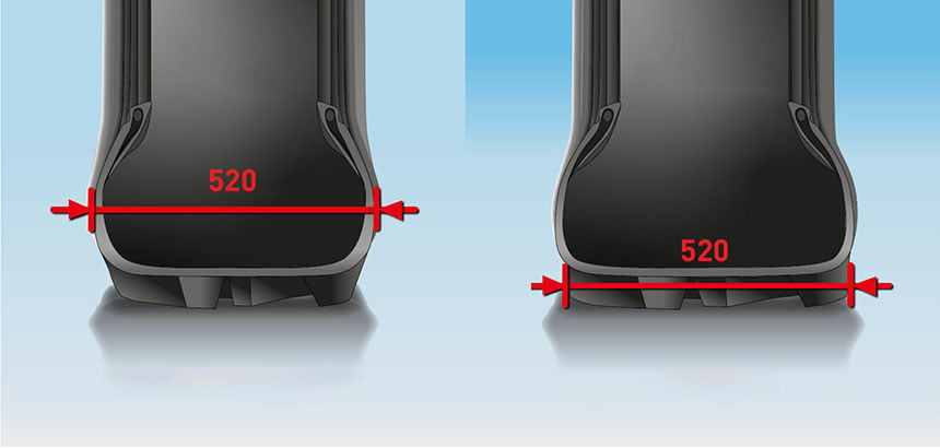 A la derecha, la anchura de sección del VX-R TRACTOR es la que se transfiere al suelo, a diferencia del neumático convencional de la izquierda